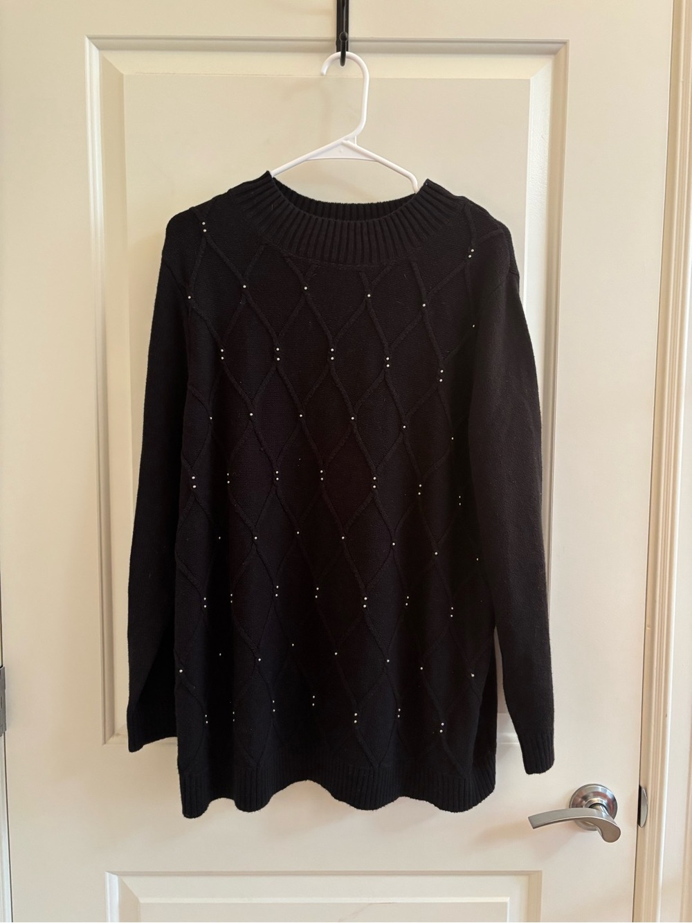 Karen Scott Black Quilted Crewneck Sweater with Stud Accents